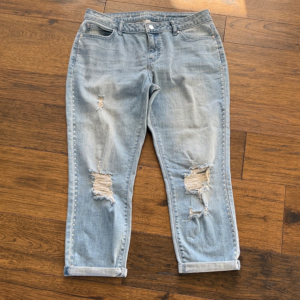 Jennifer Lopez Light Blue Distressed Boyfriend Jeans